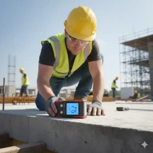 Ein Handwerker nutzt ein neigungsmessgerät digital zur Überprüfung der Dachneigung oder Bodenflächigkeit.