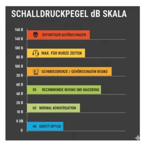 Infografik über die Schalldruckpegel-Skala für ein db messgerät musik studio und Mixing-Level.