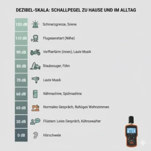 Vergleich der Dezibel-Werte verschiedener Lärmquellen zur Einordnung der Messungen mit dem Schallpegelmessgerät zuhause.
