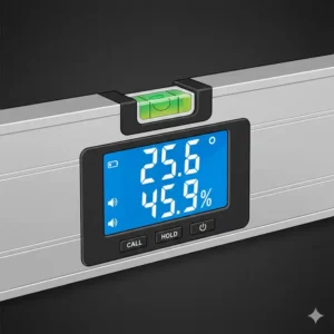 Nahaufnahme des digitalen Displays einer elektronische Wasserwaage zur Anzeige der Neigung in Winkeln und Metereinheiten.