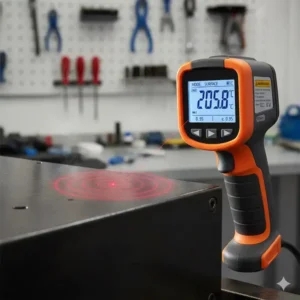 Detailaufnahme des digitalen oberflächenthermometer infrarot mit ergonomischem Design.