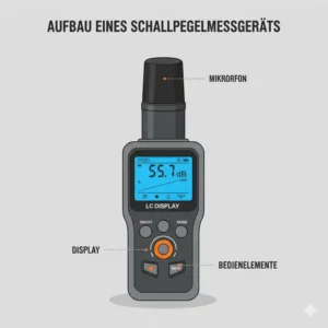 Erklärung der Hauptkomponenten wie Mikrofon und Display eines Schallpegelmessgerät zuhause.