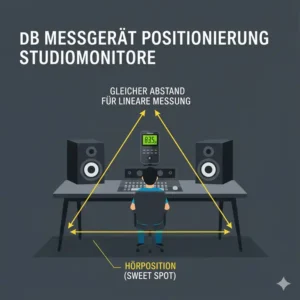 Illustration der korrekten Positionierung für ein db messgerät musik studio zwischen Monitorboxen.
