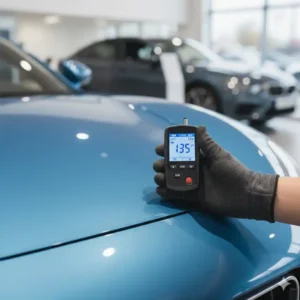 Prüfung des kotfluegels mit einem lackdickenmessgerät auto auf neulackierung.