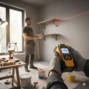 Präzises laser messgerät heimwerken für das Anbringen eines Regals an die Wand.
