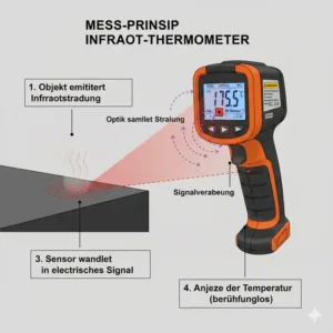 Schematische Darstellung des berührungslosen Messprinzips vom oberflächenthermometer infrarot.