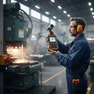 Ein Techniker führt eine Messung mit dem lärmmessgerät industrie in einer lauten Werksumgebung durch.