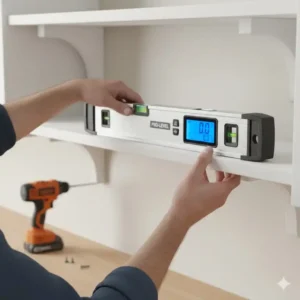 Eine elektronische Wasserwaage wird verwendet, um ein Küchenregal perfekt horizontal auszurichten und zu montieren.
