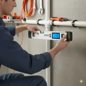 Handwerker nutzt eine elektronische Wasserwaage zur präzisen Kontrolle der Rohrneigung bei der Installation von Abwasserleitungen.