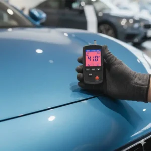 Lackdickenmessgerät auto zeigt einen sehr hohen wert, der spachtelmasse indiziert.