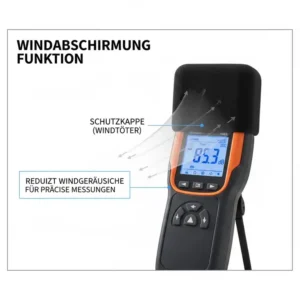 Illustration eines Mikrofons mit Windschutz-Aufsatz für ein tragbares db messgerät bei Außenmessungen.