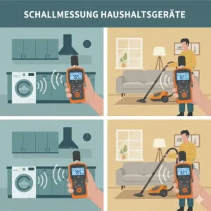 Überprüfung der Lautstärke eines Küchengeräts mit dem Schallpegelmessgerät zuhause zur Lärmreduzierung.