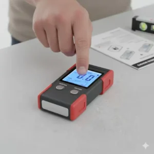 Die einfache Nullpunkt-Kalibrierung des neigungsmessgerät digital auf einer perfekt horizontalen Referenzfläche.