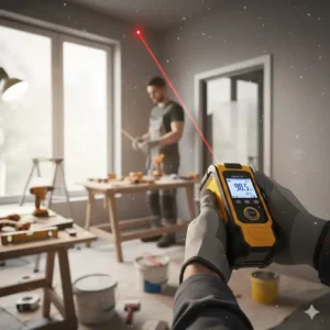 Das laser messgerät heimwerken zum Ausmessen eines Fensterrahmens vor der Montage verwenden.