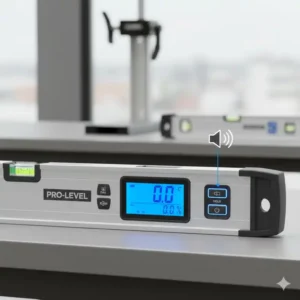 Darstellung der hohen Präzision einer elektronische Wasserwaage mit akustischer Signalfunktion und Kalibrierungsmöglichkeit.