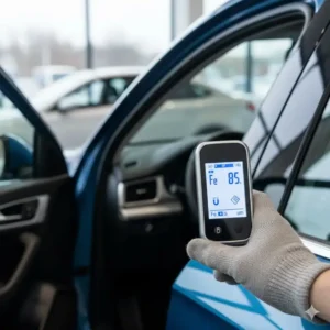 Messung der lackdicke im tuerrahmendes lackdickenmessgerät auto zur kontrolle der originalteile.