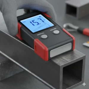 Detailansicht der stark haftenden magnetischen Unterseite des neigungsmessgerät digital zur Freihandmessung an Metall.