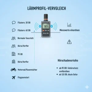 Ein schallpegelmesser bluetooth neben einer Skala zur Einordnung von Dezibel-Werten.