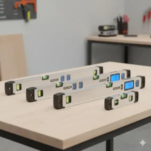 Verschiedene Längen und Modelle der elektronische Wasserwaage, einschließlich Modelle mit herkömmlichen Libellen und digitaler Anzeige.