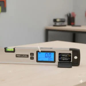 Detailansicht der Bedienelemente und des Akkufachs einer hochwertigen elektronische Wasserwaage mit beleuchtetem Bildschirm.