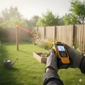 Ein laser messgerät heimwerken im Freien für die Distanzmessung im Garten.