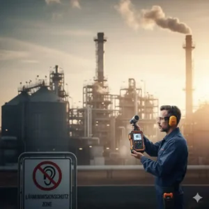 Einsatz von einem lärmmessgerät industrie zur Kontrolle der Schallemissionen im Außenbereich einer Anlage.