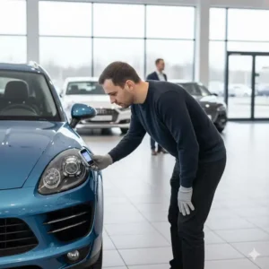 Kaufberatung: gesamtinspektion eines gebrauchtwagens mit lackdickenmessgerät auto.