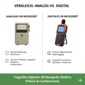 Ein grafischer Vergleich zwischen analogen Geräten und einem modernen tragbaren db messgerät mit Digitalanzeige.