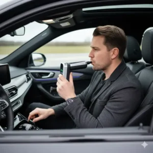 A driver using an alkoholmessgerät auto before starting the vehicle engine.