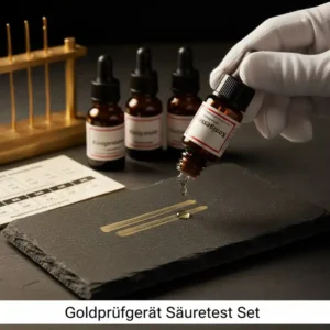 Ein klassisches goldprüfgerät messgerät Set bestehend aus Prüfsäuren und einem Probierstein.