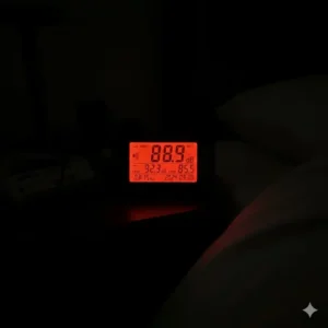 Nahaufnahme der Anzeige von einem Lärmmessgerät Nacht Wohnung im dunklen Schlafzimmer.