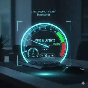 Ein grafisches Tachometer als internetgeschwindigkeit messgerät zur Messung von Ping und Latenz.