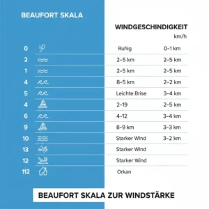 Tabelle zur Bestimmung der Windstärke mit einem windmessgerät outdoor nach der Beaufort-Skala.