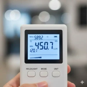 Nahaufnahme der digitalen Anzeige während eines lux messgerät test Durchlaufs.