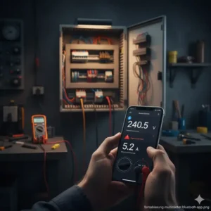 Sichere Fernablesung von Messwerten durch ein Multimeter mit Bluetooth-App in der Werkstatt.