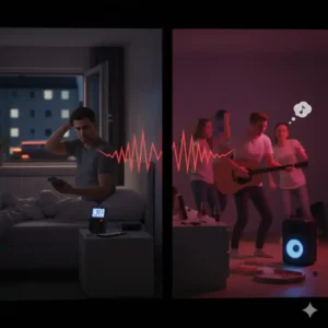 Messung von Ruhestörung durch Nachbarn mit einem Lärmmessgerät Nacht Wohnung.