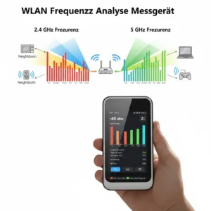 Vergleich der Signalstärke von 2,4 GHz und 5 GHz Frequenzen auf einem wlan signal messgerät.
