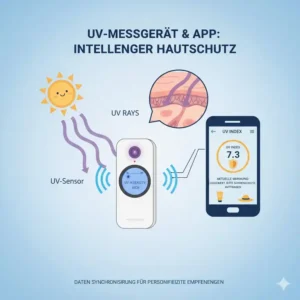 Ein digitales uv messgerät hautschutz verbunden mit einer Smartphone-App für Echtzeit-Warnungen.