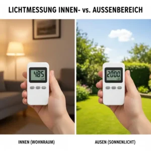 Ein Vergleich der Lichtwerte im Innen- und Außenbereich im lux messgerät test.