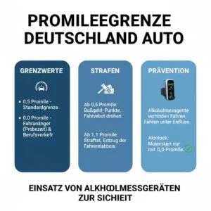Infographic about alcohol limits and the role of an alkoholmessgerät auto in prevention.