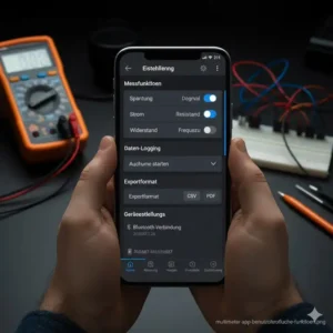 Benutzeroberfläche und Funktionsmenü für das Multimeter mit Bluetooth-App im Überblick.