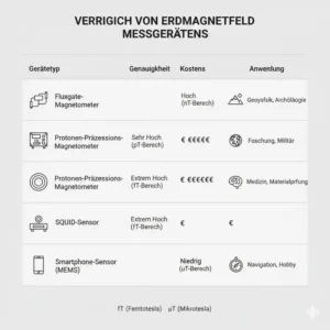Eine Vergleichstabelle verschiedener Typen von erdmagnetfeld messgerät Modellen und deren Genauigkeit.