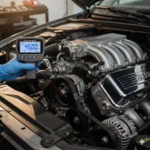 Einsatz von einem Drehzahl Messgerät Motor zur Diagnose bei einer Autoreparatur.