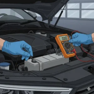 Überprüfung der Masseverbindung im Motorraum mit einem digitalen multimeter für kfz diagnose.