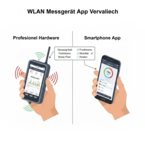 Vergleich zwischen einer Smartphone App und einem professionellen Hardware wlan signal messgerät.