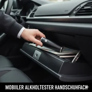 A portable alkoholmessgerät auto stored conveniently in a car's glove compartment.