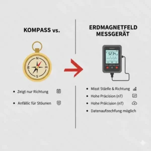 Gegenüberstellung der Funktionen von einem herkömmlichen Kompass und einem modernen erdmagnetfeld messgerät.