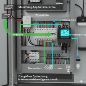 Infografik zum Energiefluss im Haus mit einem Strommessgerät für Solaranlage zur Optimierung.