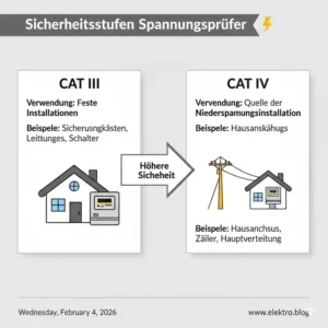 Infografik über die Sicherheitsklassen für einen spannungsprüfer für haushalt im Einsatz.
