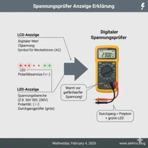 Detailansicht der digitalen Anzeige und LEDs an einem spannungsprüfer für haushalt.